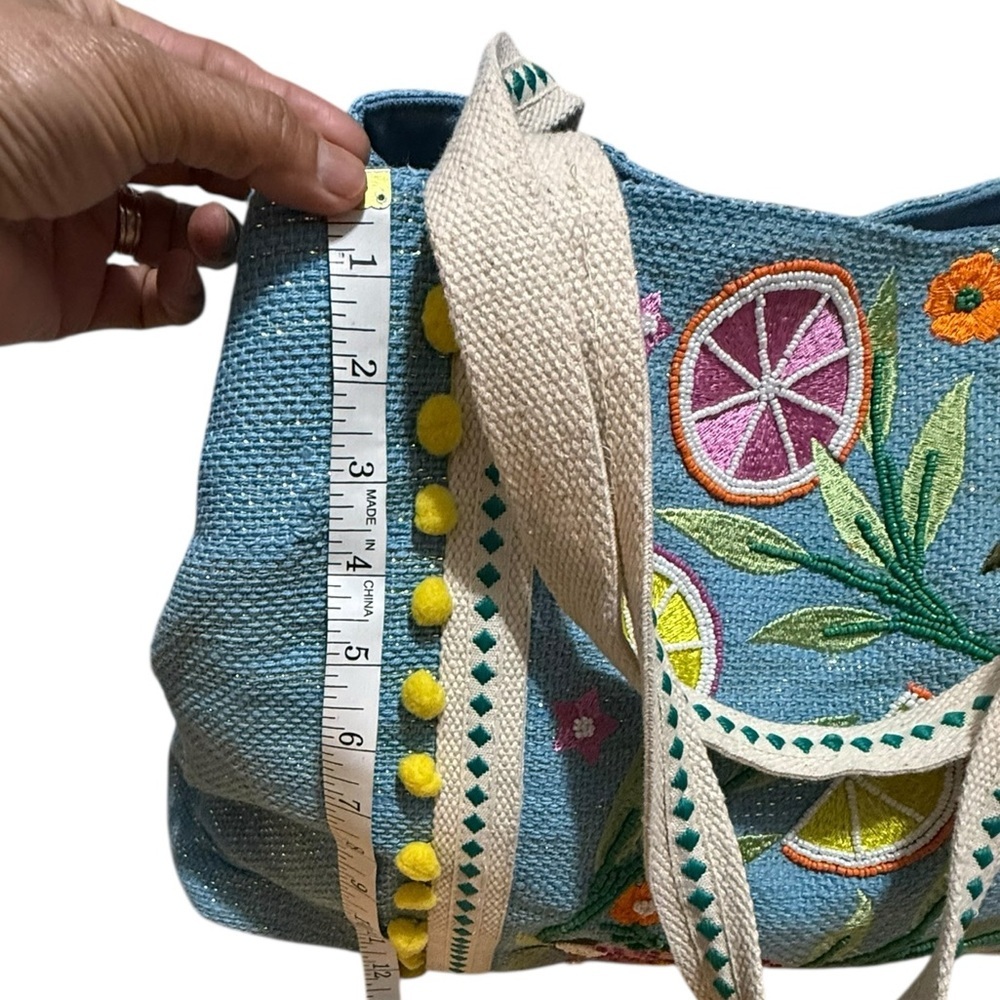 Beach Bag Express Edit Tote-Blue Tropical Embroidered Tote Bag with Pom-Pom Trim - Picture 4 of 16